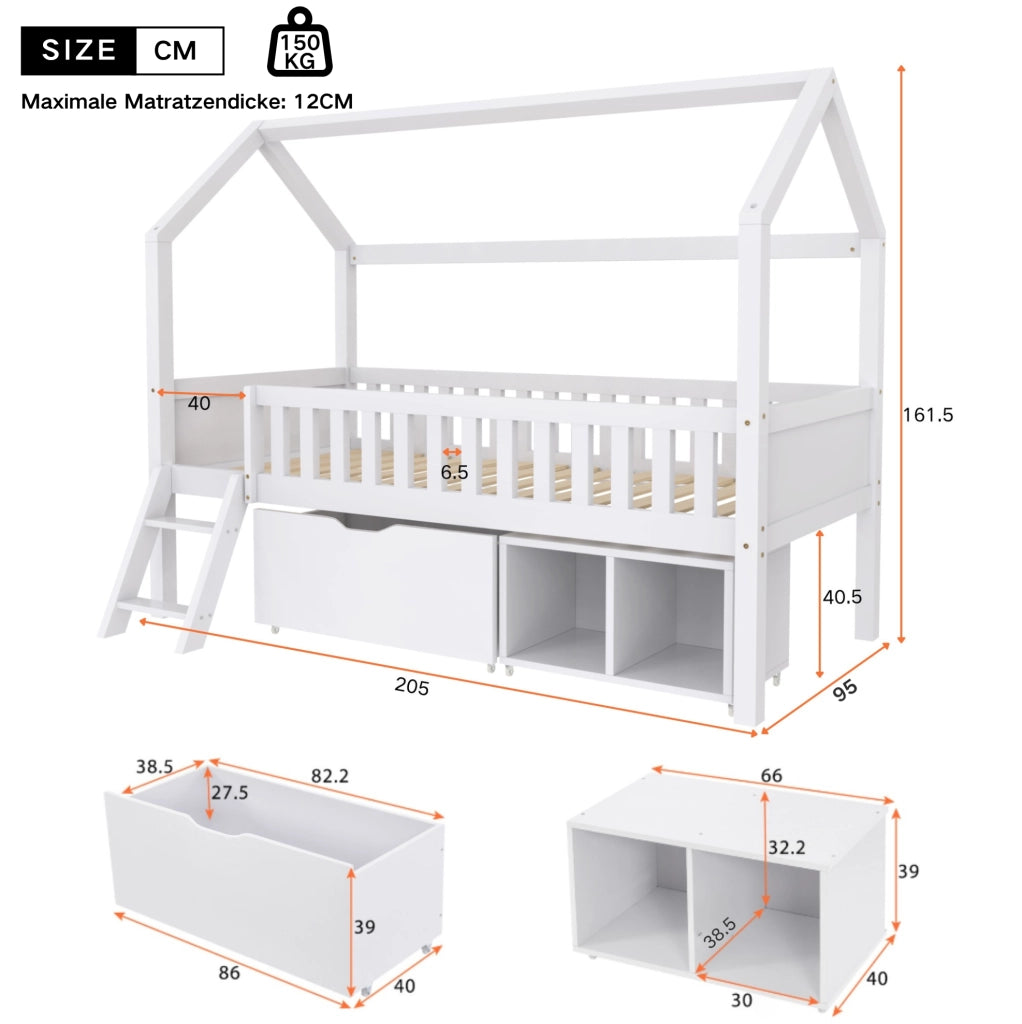 Letto a casetta per bambini 90x200 cm in legno di pino con scala; cassetti e sponde; bianco
