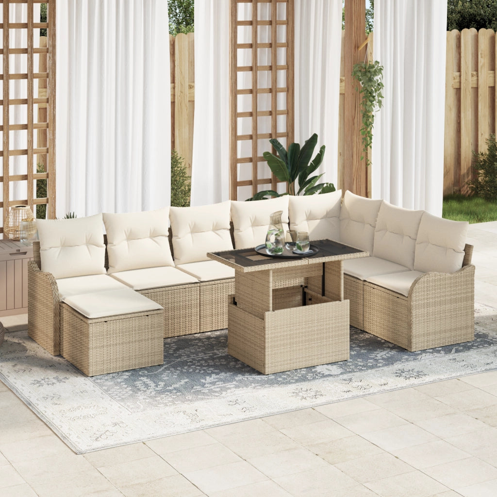 Set Divano da Giardino 9 Pezzi con Cuscini Beige Rattan Polimerico