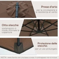 Ombrellone Decentrato Ø3x2.5 m con Base a Croce e Manovella, in Acciaio e Poliestere color Caffè