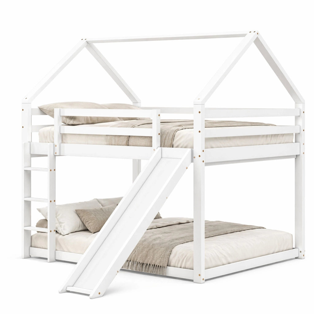 Letto a castello a casetta con scivolo e scala, doppia zona letto 140x200 cm, bianco