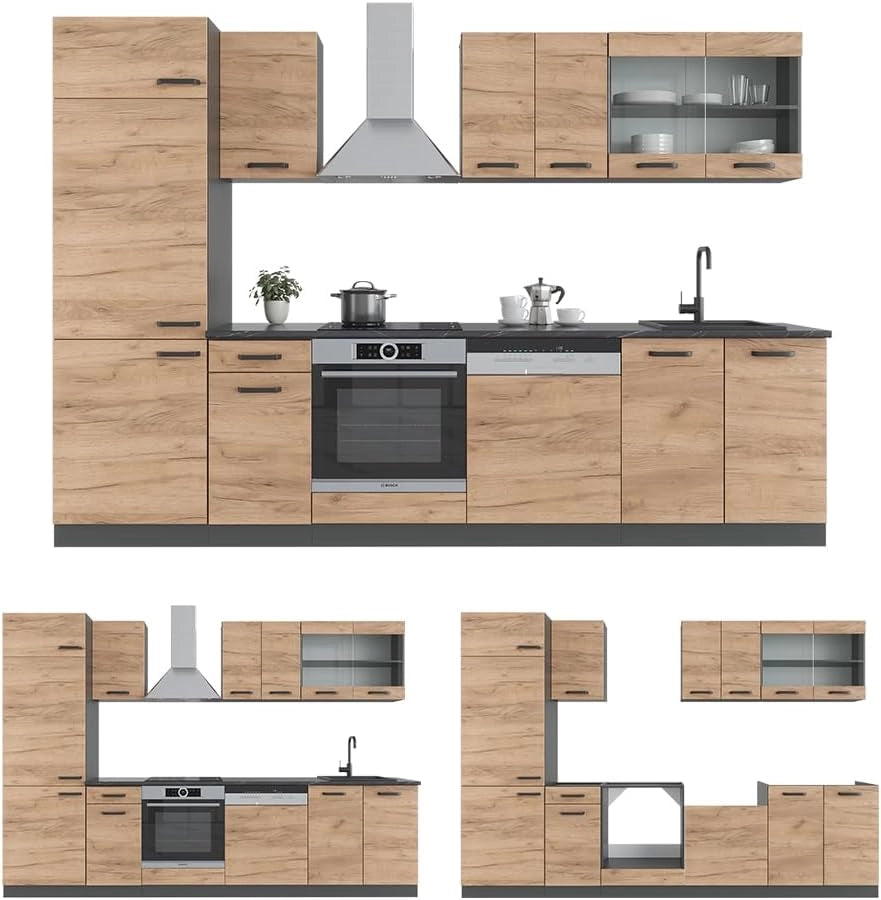 Cucina componibile R-Line, Quercia dorata/antracite, 300 cm, PL Marmo, adatto per l'espansione personalizzata tramite moduli aggiuntivi