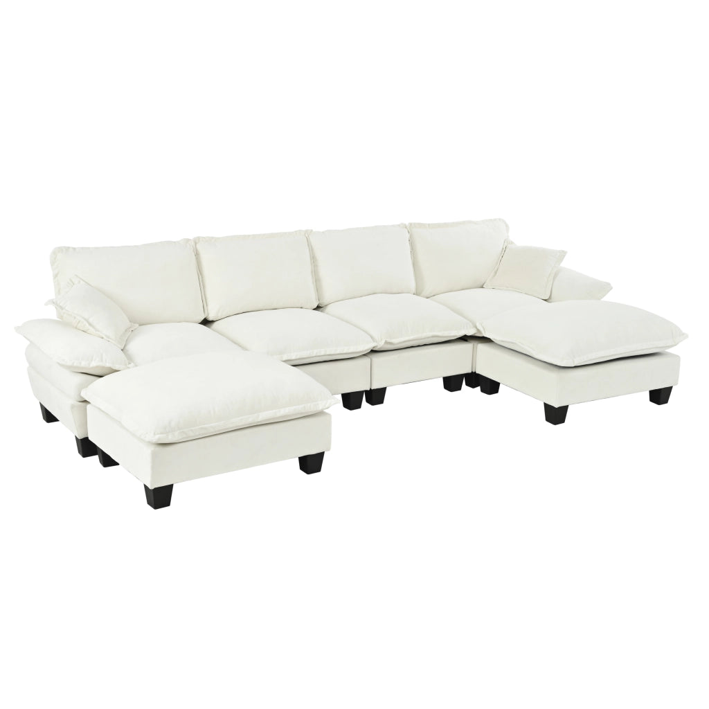 Divano panoramico a U modulare 6 posti con pouf rimovibili, in Chenille, Beige