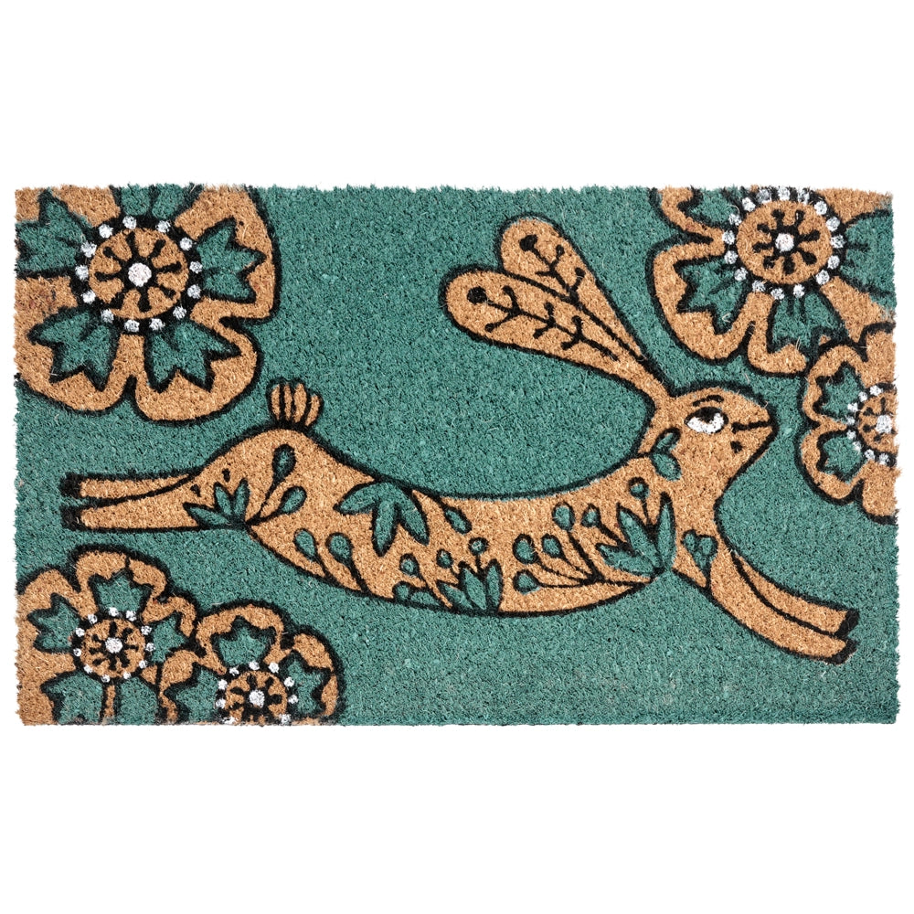 Zerbino Verde acqua Fibra di cocco naturale Retro in PVC Antiscivolo 45 x 75 cm Motivo coniglio Decorazione moderna per interni ed esterni