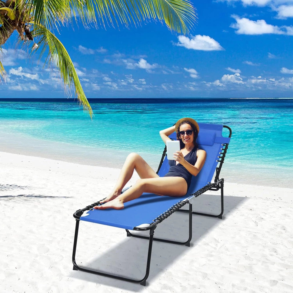 Lettino Prendisole, Lettino da Spiaggia Pieghevole, con Poggiatesta Rimovibile, Regolabili in 5 Posizioni, Sdraio Portatile con Piedini Antiscivolo, per Piscina, Giardino, Mare (Blue)