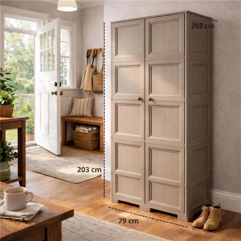 ARMADIO 2 ANTE TAUPE 79X43X203 CM CON 6 SCOMPARTI E VANO PORTASCOPA – MOBILE ALTO ORGANIZZAZIONE CASA PER INGRESSO E LAVANDERIA