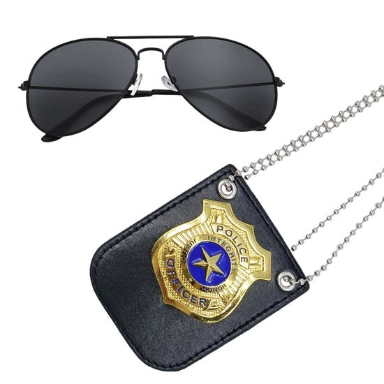 Costume da Poliziotto per Bambini - Kit di Divisa - Accessori da Poliziotto - Occhiali da Sole - Cartello da Poliziotto - Accessori in Oro