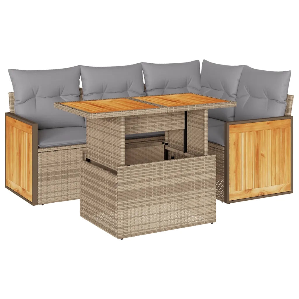 Set Divano da Giardino 5 pz con Cuscini Beige Polyrattan Acacia 3327706