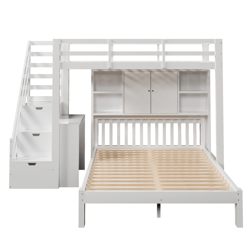 Letto a castello con contenitore 90x200 cm + 140x200 cm; in legno massiccio e MDF; bianco