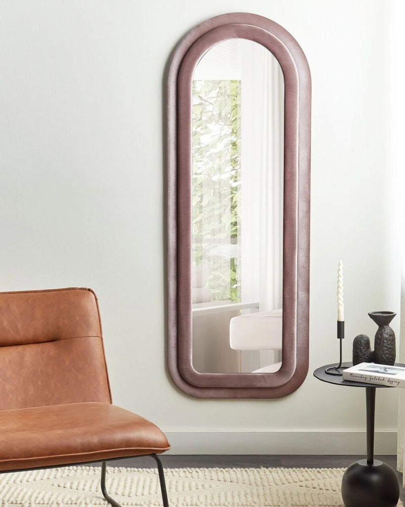 Specchio da parete rosa con cornice in MDF, vetro 60 x 160 cm, forma irregolare, pezzo decorativo da parete, stile moderno.
