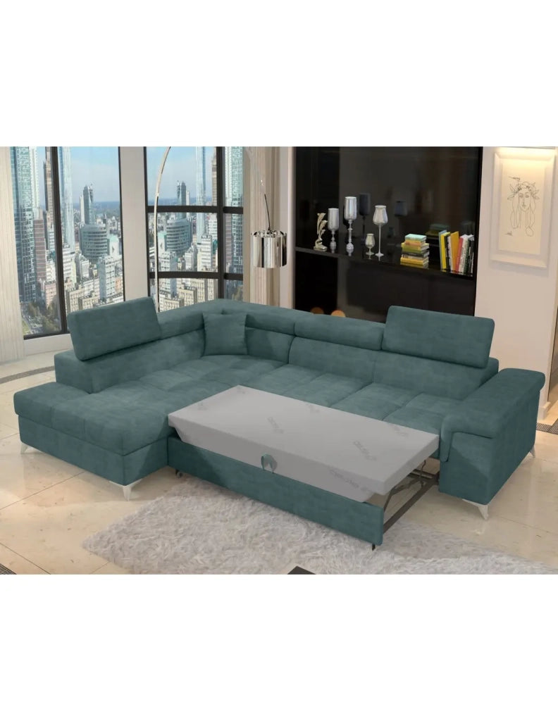 Divano angolare convertibile PALAZZO 4 posti verde blu – angolo sinistro con contenitore