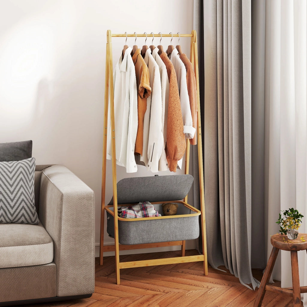 Appendiabiti con Portascarpe ¨C Xylo ¨C Bamb¨´ con Cesta Grigio 60x44,5x157,5 cm