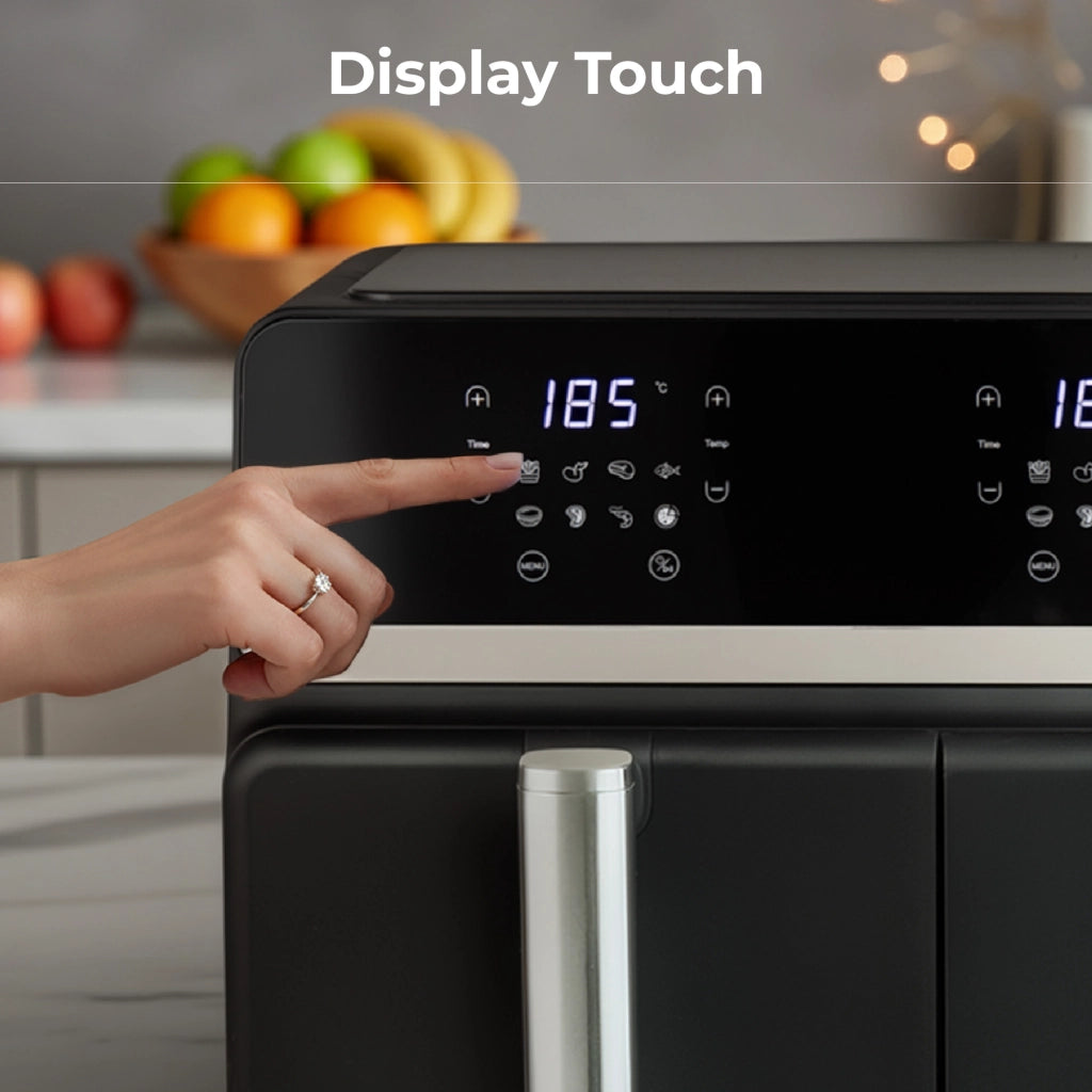 Friggitrice ad Aria 9L Doppio Cestello Digitale XXL, 2 Zone di Cottura Indipendenti, Display LED Touch, 8 Programmi, Temperatura Regolabile, 2400W, Nero 9 Litri - Nero