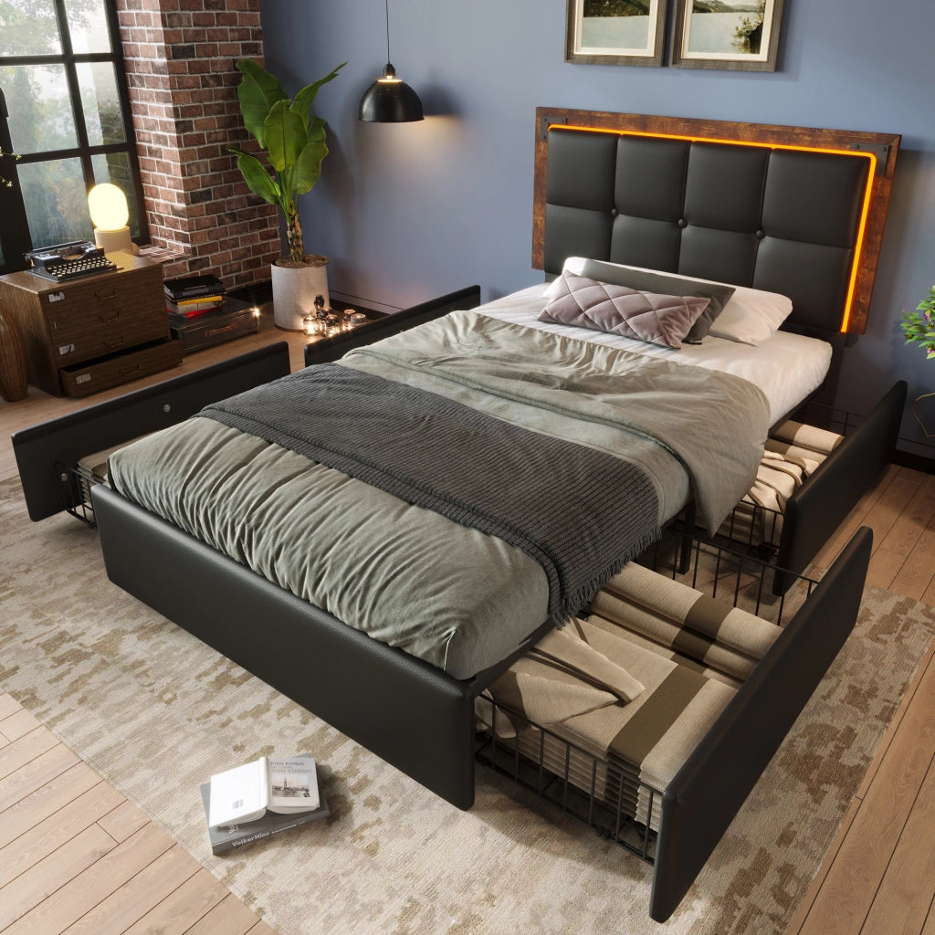 Letto con Cassetti 90x200 cm; Singolo - 4 Cassetti; LED e Testiera Regolabile - Nero