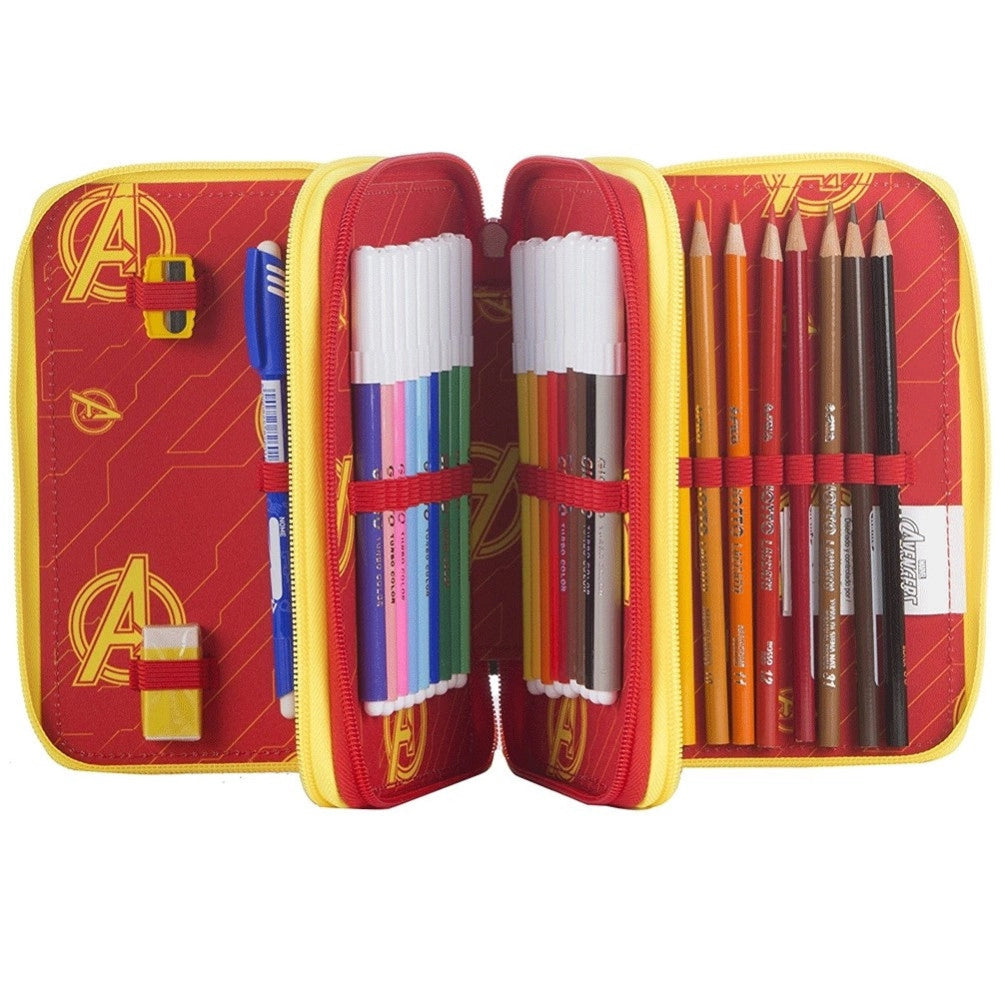 Trade Shop - Astuccio Completo 3 Zip Avengers Supereroi Accessoriato Bambini Scuola Elemntare -