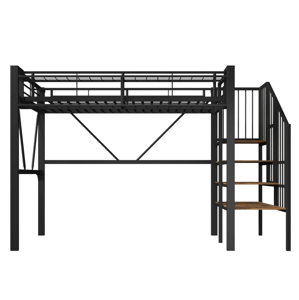 Letto a soppalco 251.5x113x170 cm con scaffale a gradini; elementi a griglia e luce LED; MDF e metallo; nero