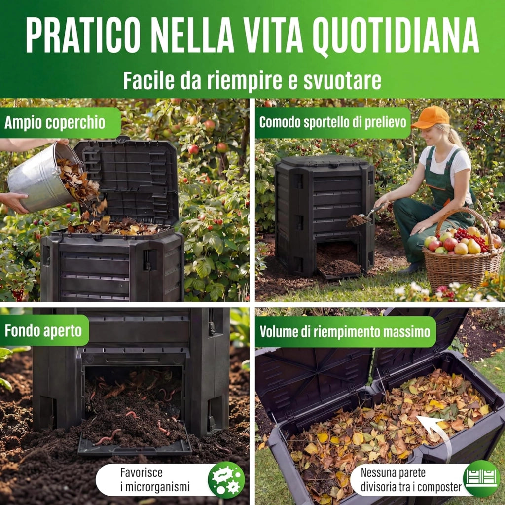 ® Compostiera 380L Compostaggio Veloce 72x72x83cm Composter Rapido Resistente alle Intemperie