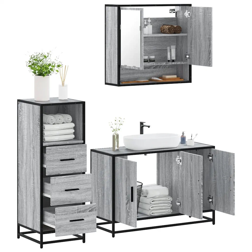 Set Mobili da Bagno 3 pz Grigio Sonoma in Legno Multistrato