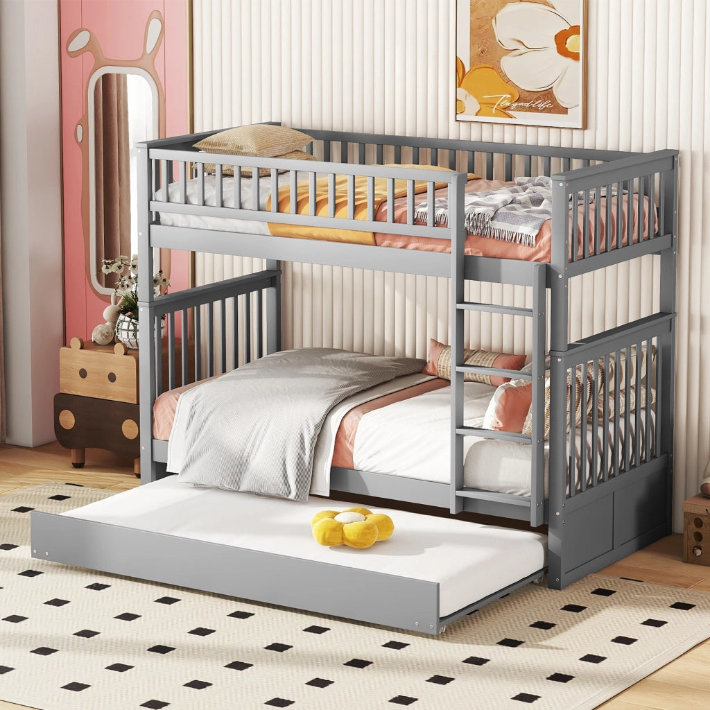 OKWISH Letto a Castello 90×200 cm, Letto 3 Posti con Letto Estraibile, Scala e Sponde Alte, senza Materasso, in Pino, Grigio