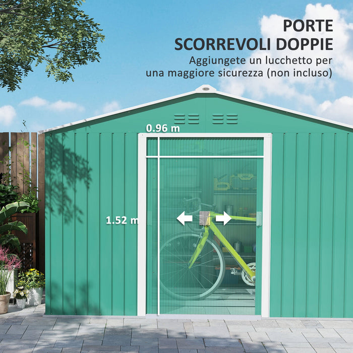 Casetta Box da Giardino Porta Attrezzi 277x195x192 cm con 2 Porte Scorrevoli Verde Scuro