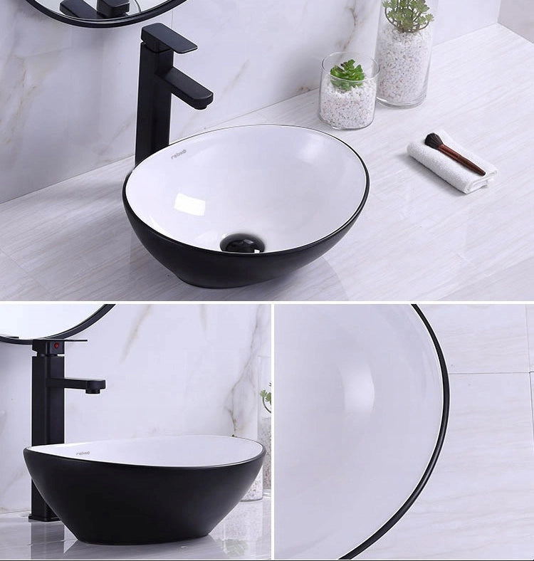 LAVABO DA APPOGGIO IN CERAMICA OPACA BIANCO NERO OVALE DA POSIZIONARE LOFT  SU PIANO