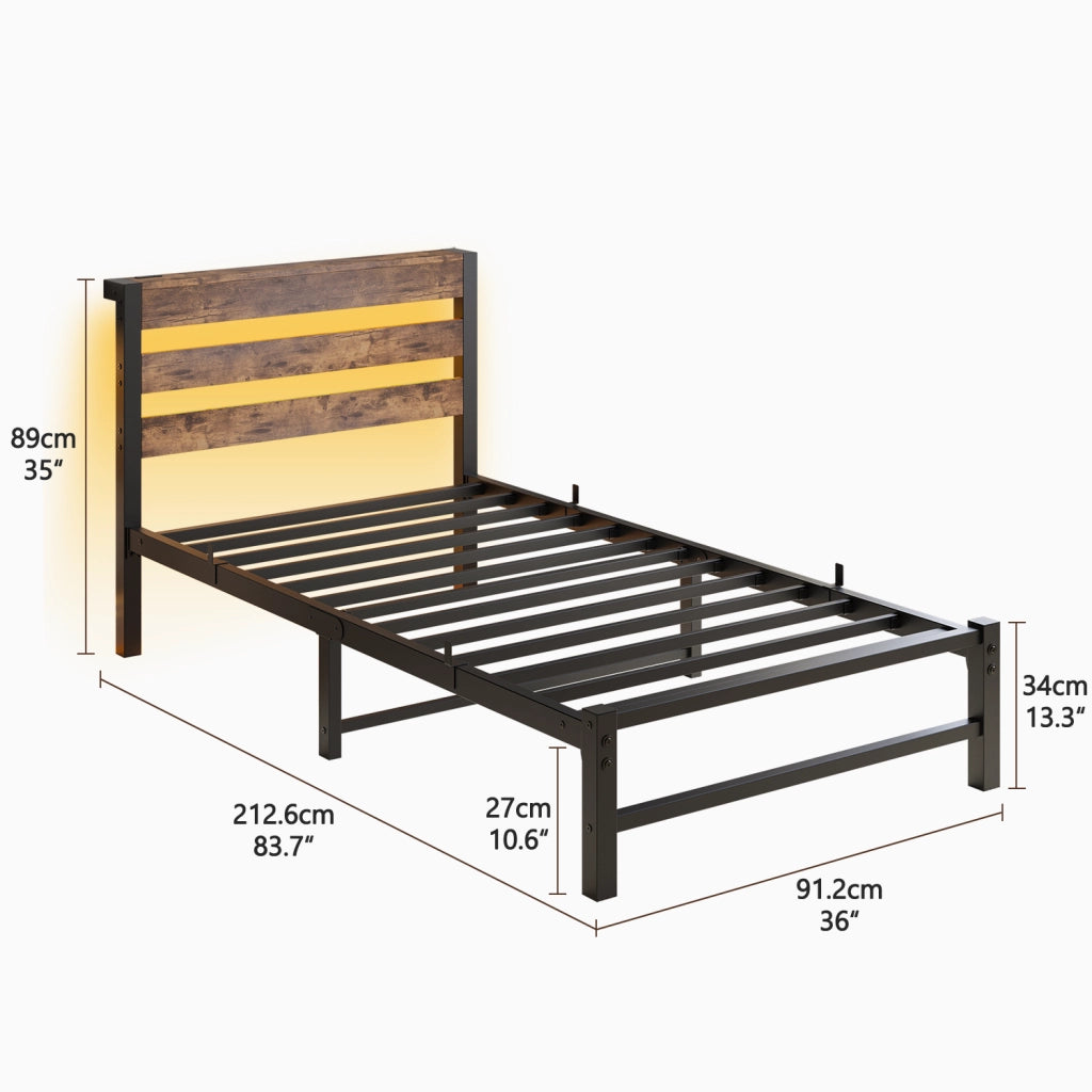 LETTO 90x200 cm con LED RGB e 2 USB in metallo e legno Nero Marrone