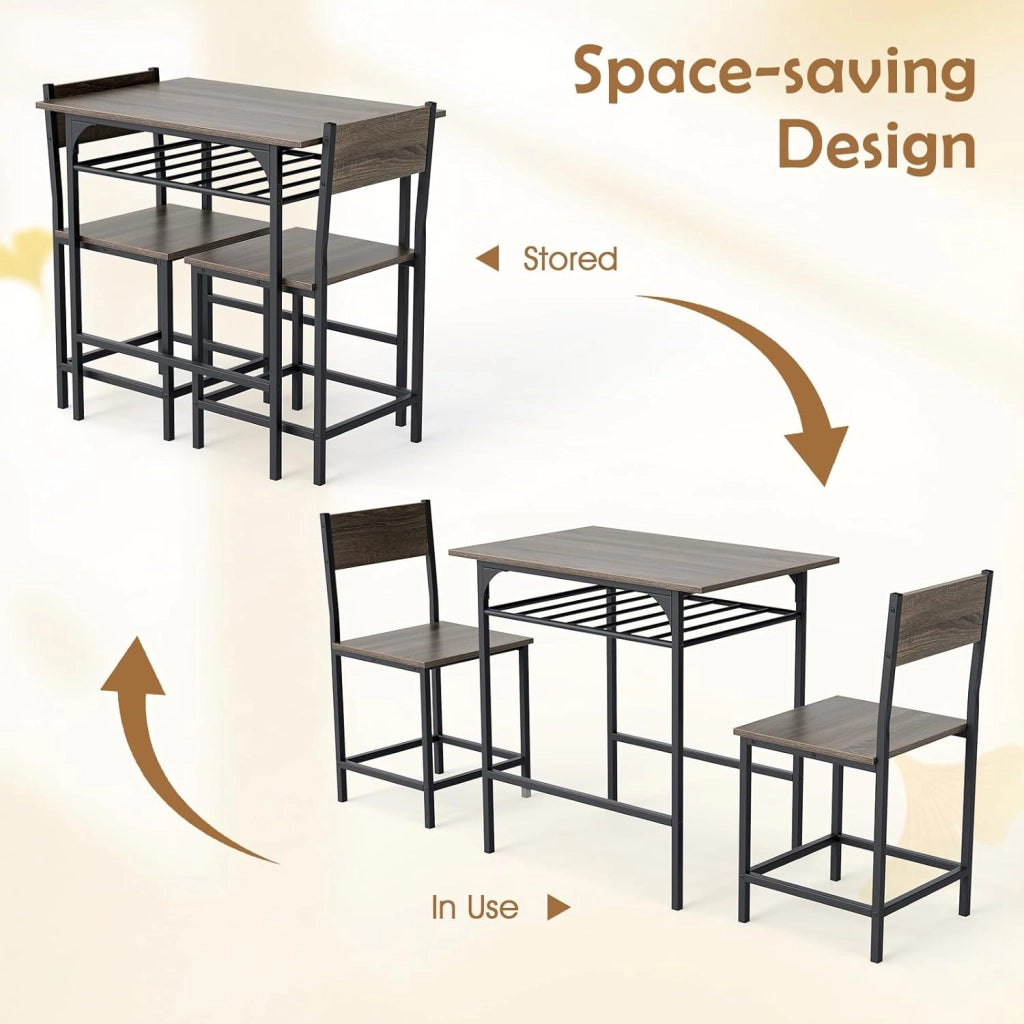 Set da pranzo 3 pezzi, tavolo da pranzo con ripiano per bottiglie e 2 sedie con schienale, design compatto, stile industriale, tavolo da colazione per 2 persone (grigio)