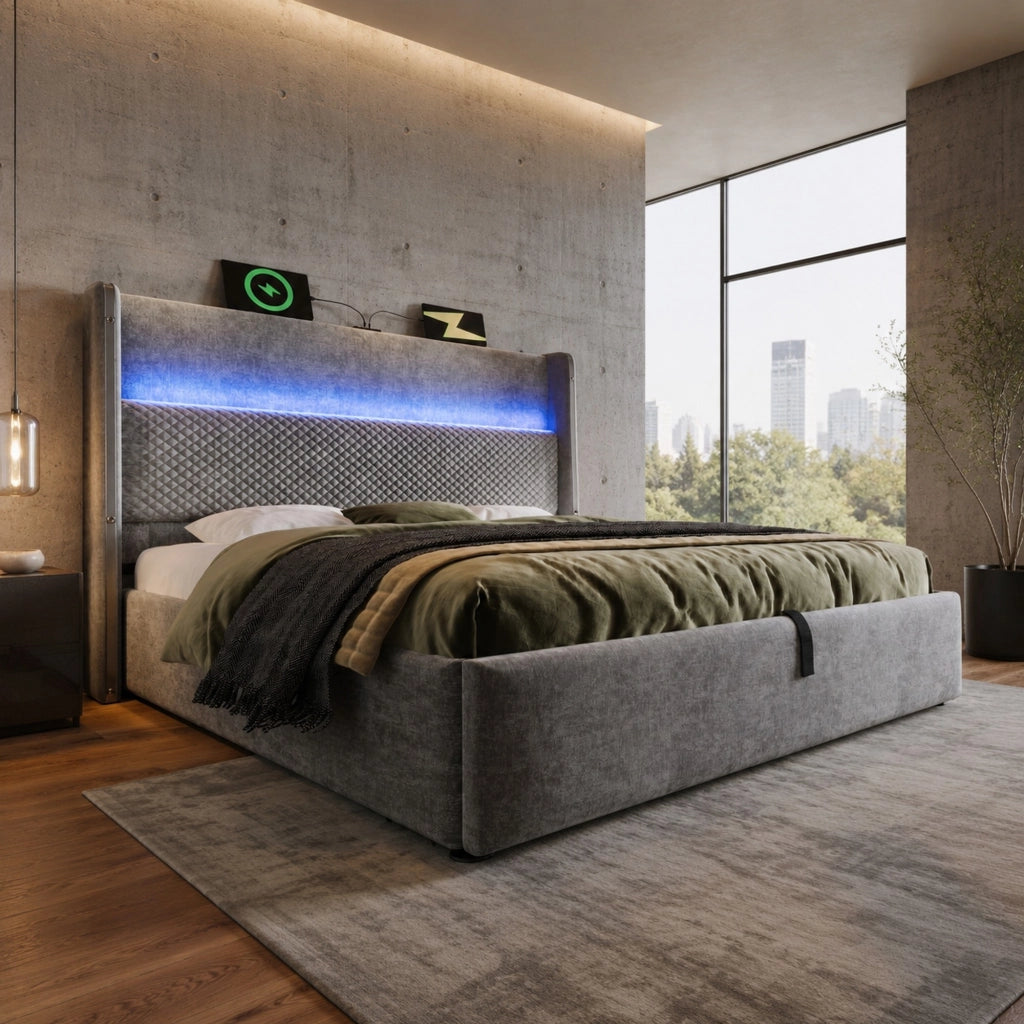 Letto contenitore 140x200 cm grigio con LED, USB e Type-C