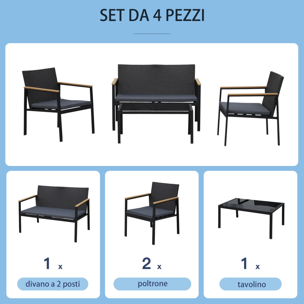 EasyComfort Set 4 Pezzi Salotto da Esterni con 2 Sedie, Divano e Tavolino Mobili da Giardino in Rattan e Acciaio Nero