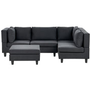 Divano componibile 4 posti imbottito in tessuto nero con gambe nere schienale imbottito lato sinistro con pouf stile moderno