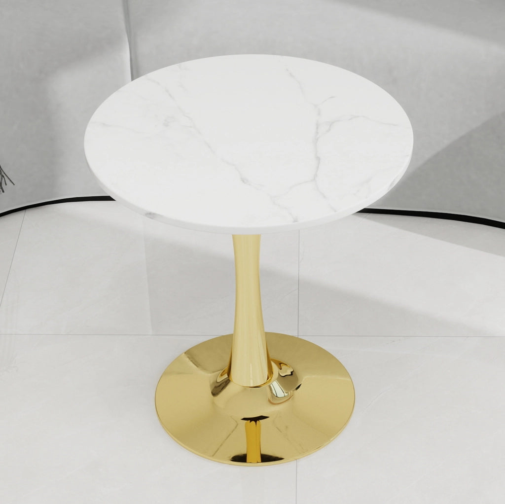 Tavolino rotondo moderno in marmo artificiale bianco dorato; stile minimal