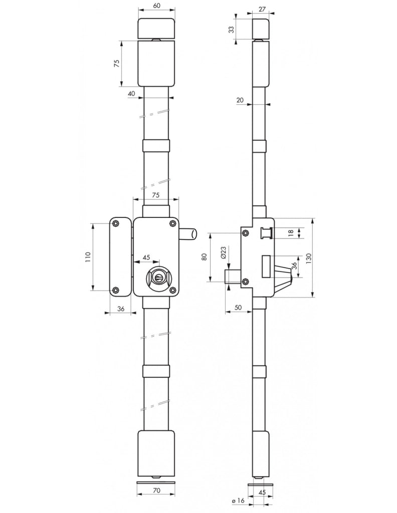 Serratura BELUGA marrone HG5 con tirante 75 x 130 mm, sinistra, 4 chiavi – THIRARD