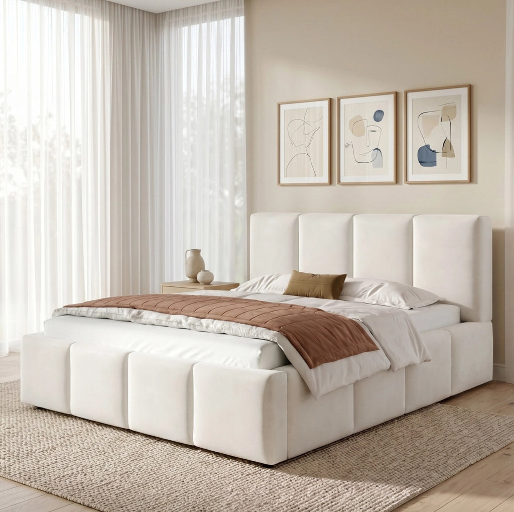 Letto matrimoniale imbottito 180x200 cm in chenille beige con rete a doghe