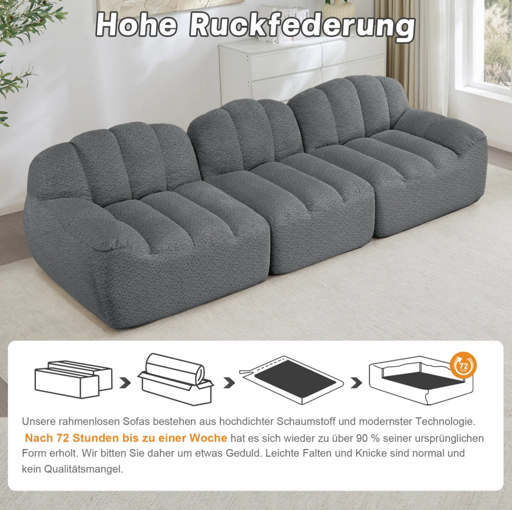 Divano modulare 3 posti con ottoman collegabile in fleece granulato grigio