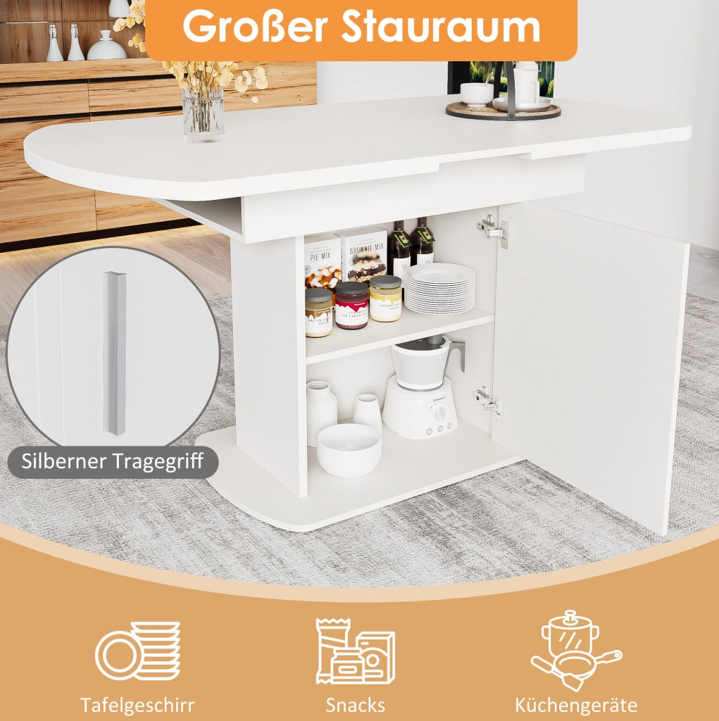 Tavolo da pranzo allungabile ovale 110/130x70x75 cm con contenitore; bianco e argento