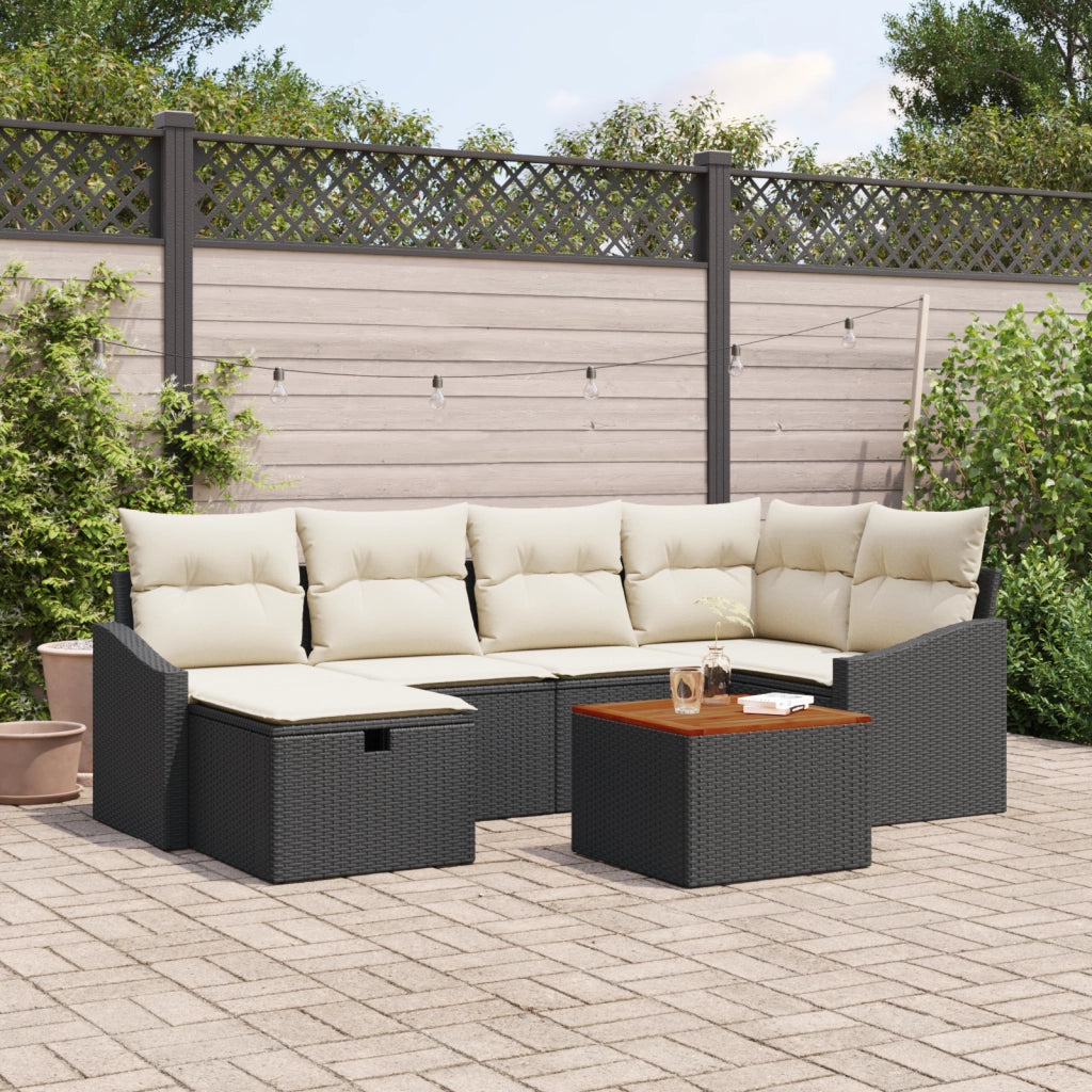 Set divano da giardino 7 pezzi con cuscini neri in polyrattan