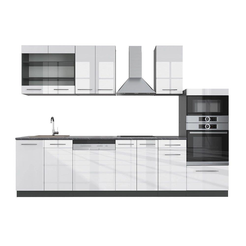 Cucina componibile Fame-Line Bianco lucido/Antracite 300 cm con armadio alto, PL Antracite Vicco