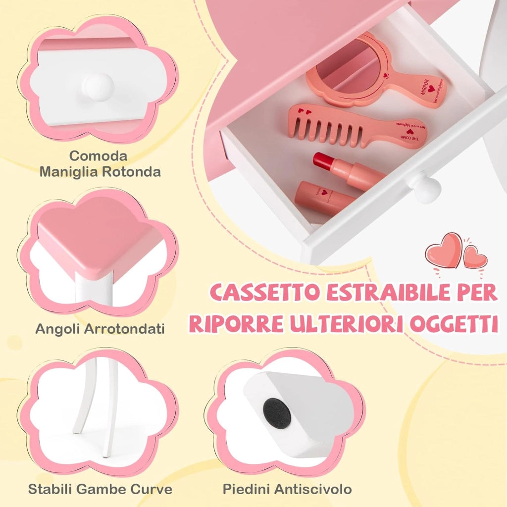 Set Toeletta da Trucco per Bambini, Toeletta Trucco con Specchio Triplo Pieghevole in Acrilico, Sgabello, Cassetto e Accessori, Bianco e Rosa