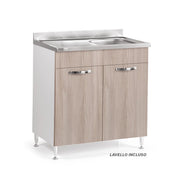 Sottolavello per cucina componibile da 80 cm con due ante, Lavello con vasca a Destra + Gocciolatoio, realizzato in legno 100% MADE IN ITALY colore Olmo
