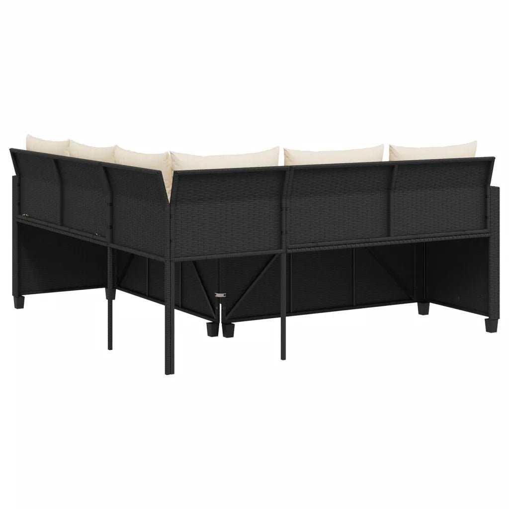 Divano da Giardino con Tavolo e Cuscini a L Nero in Polyrattan 369039