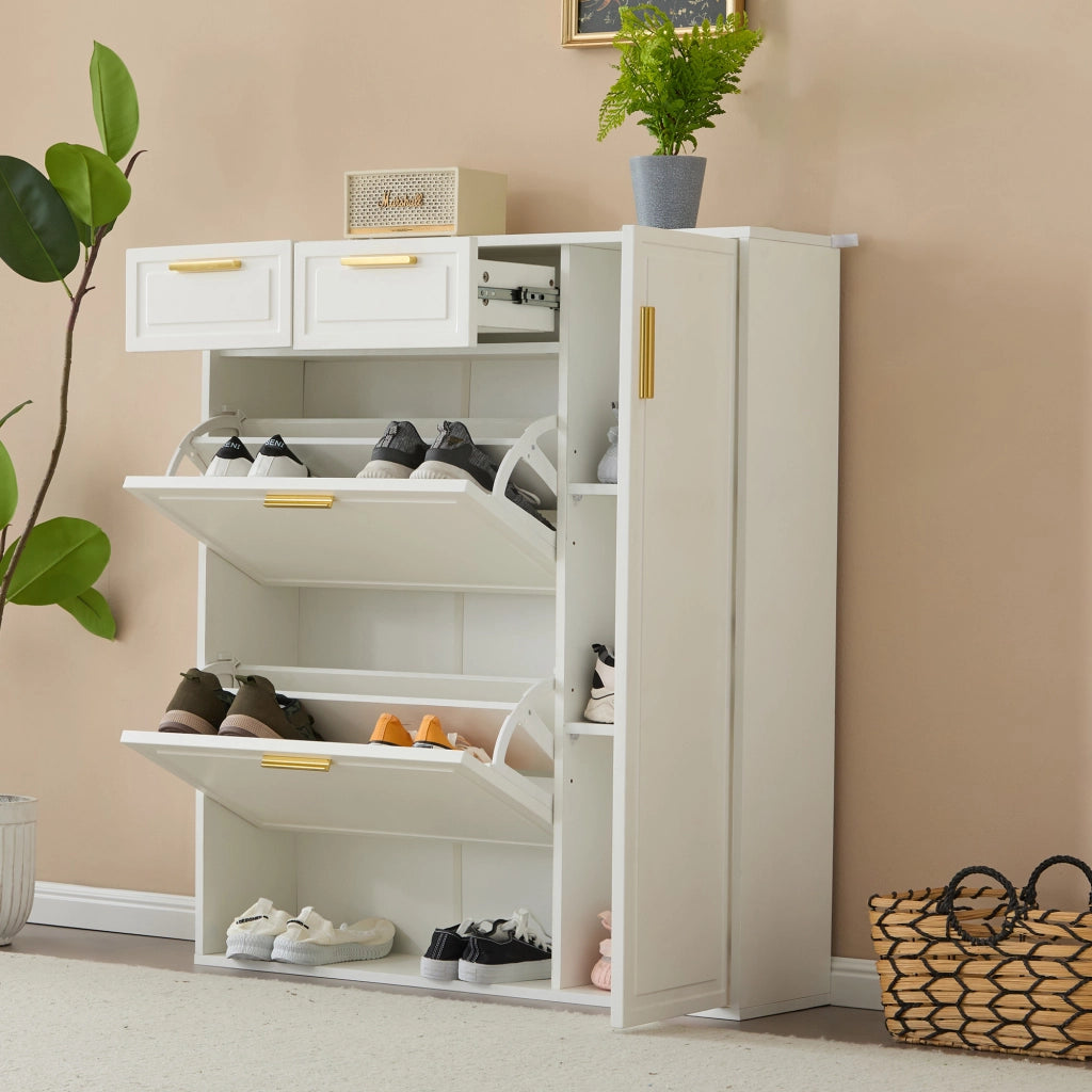 Scarpiera con 2 cassetti; ripiani regolabili e vani aperti - ingresso - 95×24×107 cm - bianco