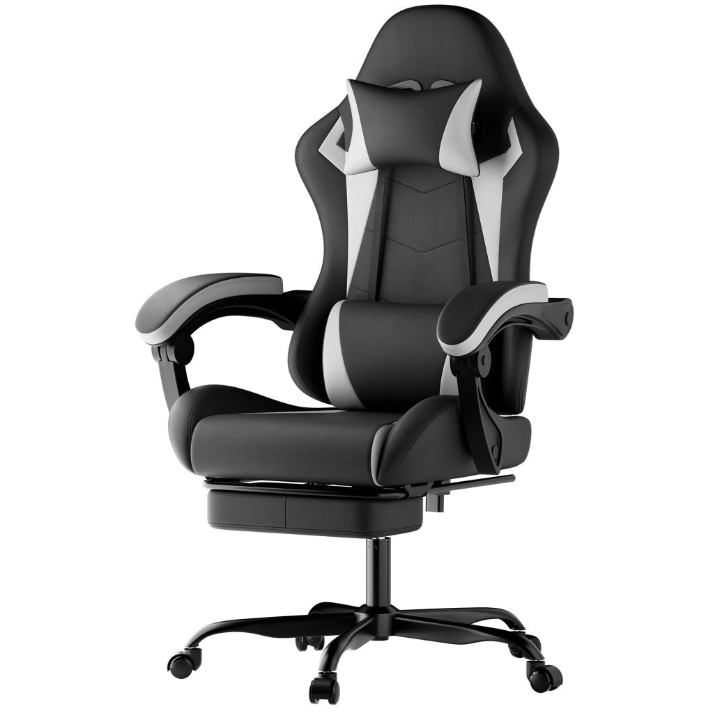 Sedia da gaming ergonomica con poggiatesta e supporto lombare; reclinabile; nero bianco