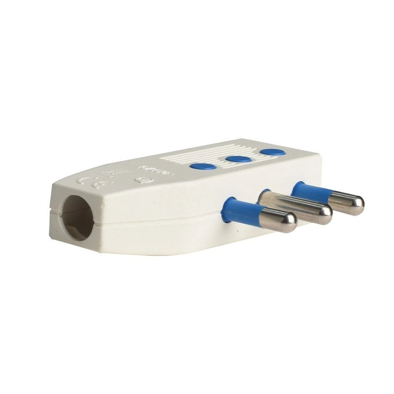 Spina Elettrica Piatta Salvaspazio Laterale 2P+T 16A 250V Max 1500W Uscita Cavo 90 Gradi Bianco