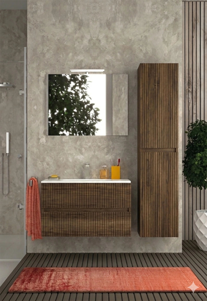 Mobile da Bagno Sospeso con Lavabo 90 cm e Specchio Urano Light Noce Scuro