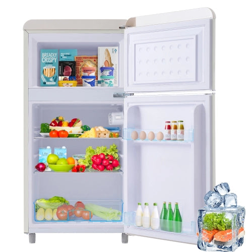 Frigorifero retrò; frigorifero a doppia porta; volume totale 72L; congelatore 21L; luce LED; efficiente energetico; bianco
