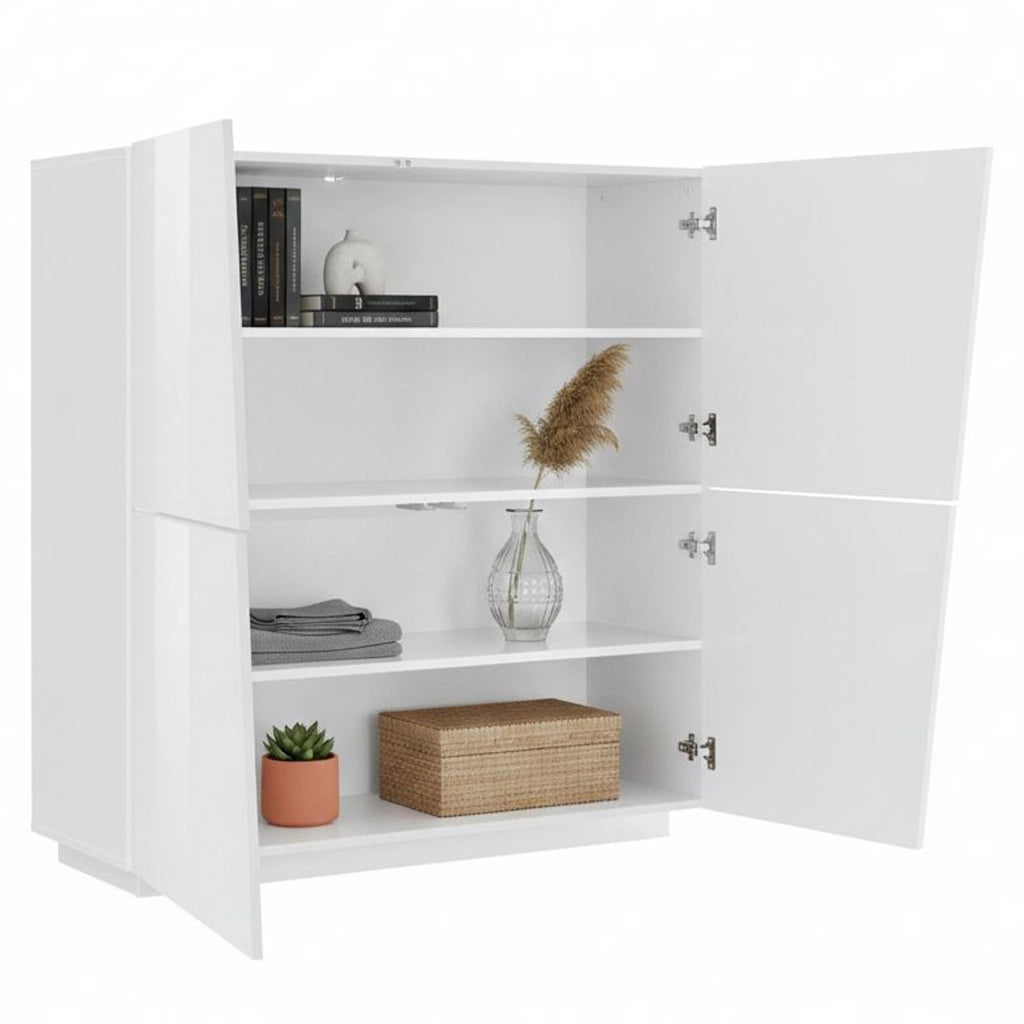 Credenza moderna di design a 4 ante Abbabbau, Made in Italy, Buffet da cucina, Madia con scaffali da cucina, cm 120x43h126, Bianco lucido