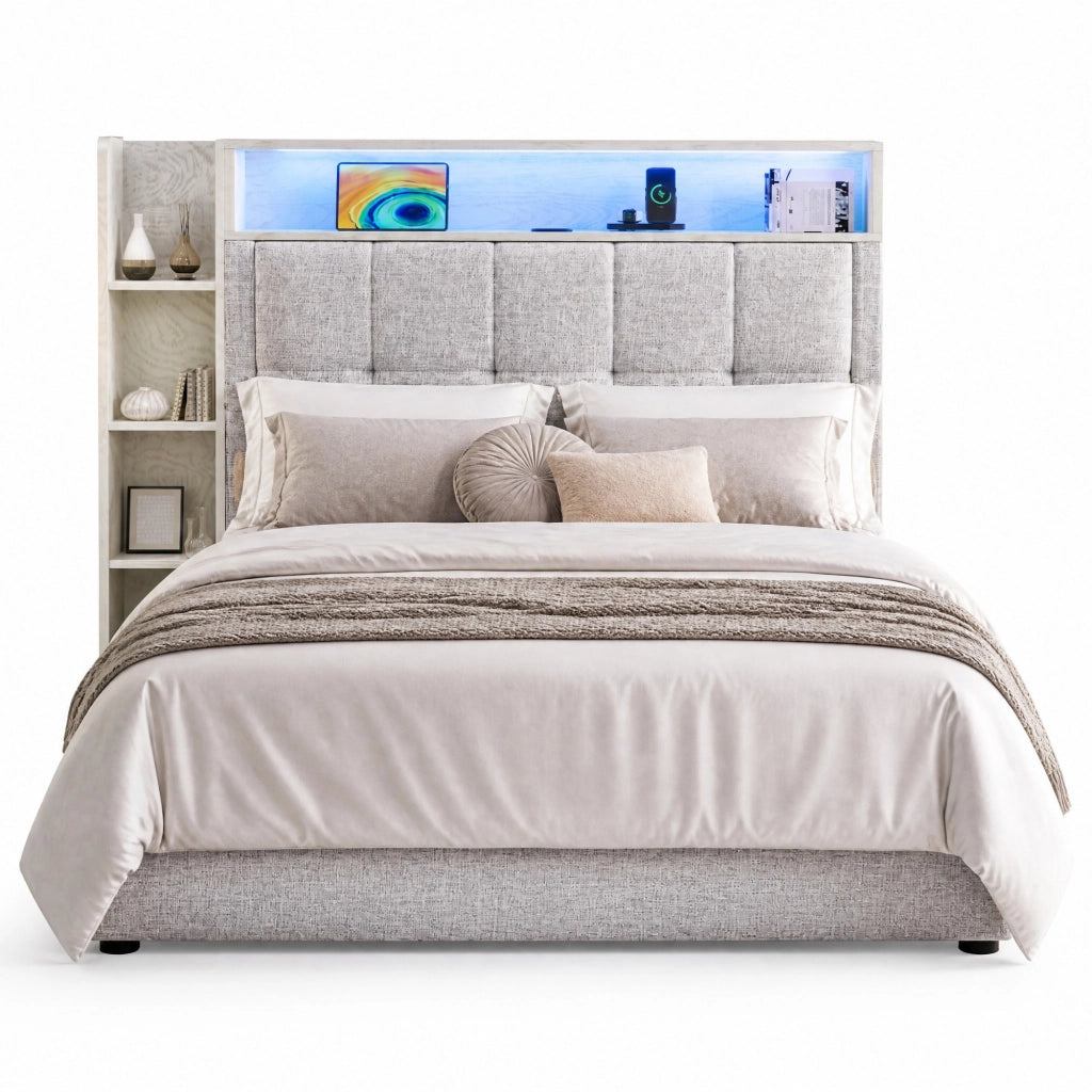 Letto imbottito 90x200 cm con vano contenitore idraulico; LED; USB e Type-C; lino beige
