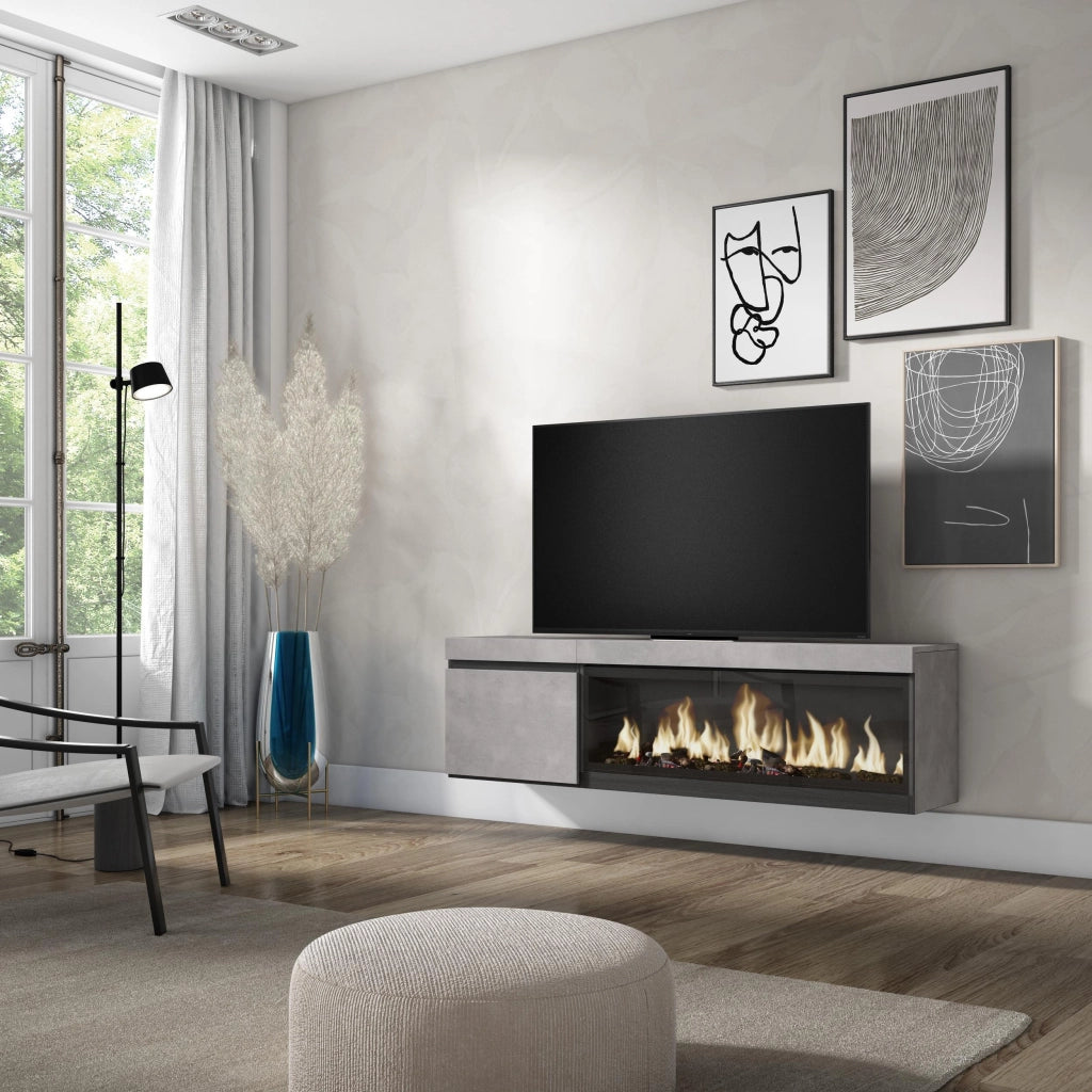 Mobile TV Soggiorno, 158x35x45cm, Per TV fino a 65", Camino elettrico XXL, da appendere, grigio cemento RF3242