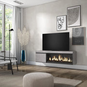 Mobile TV Soggiorno, 158x35x45cm, Per TV fino a 65", Camino elettrico XXL, da appendere, grigio cemento RF3242