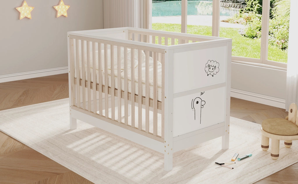 Letto per bambini 120 × 60 cm con tavole da disegno, 3 altezze regolabili, trasformabile in lettino laterale e divanetto, senza materasso, legno massiccio naturale e bianco