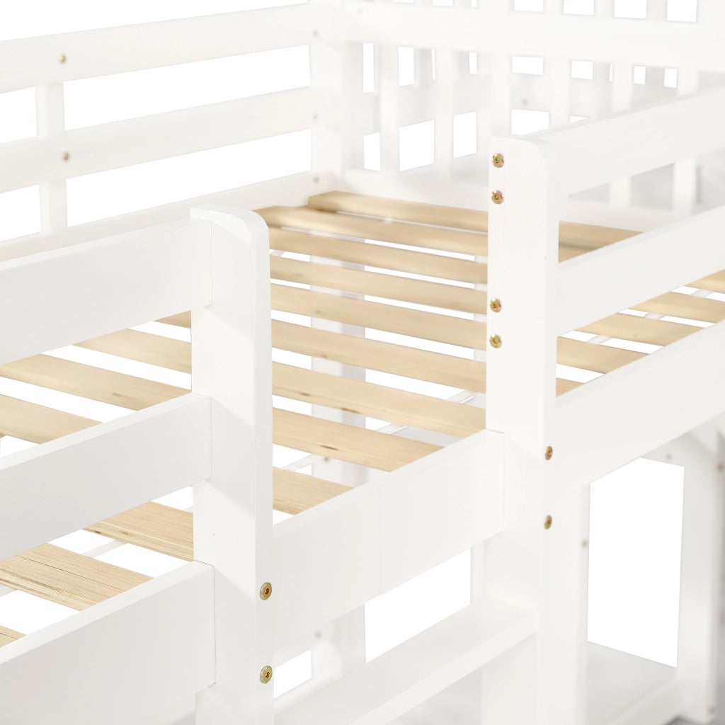 Letto a Castello 90x200 cm; Letto 3 Posti - con Scivolo e Scala - in Legno e MDF - Bianco